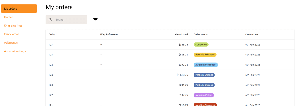 Order review screen with a list of orders shown.