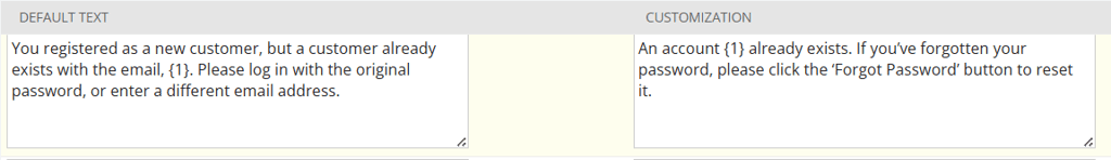 Replacement message shown in the Customization tab, next to a Default message.