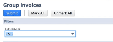 Group Invoices tab with the Customer value set to All.