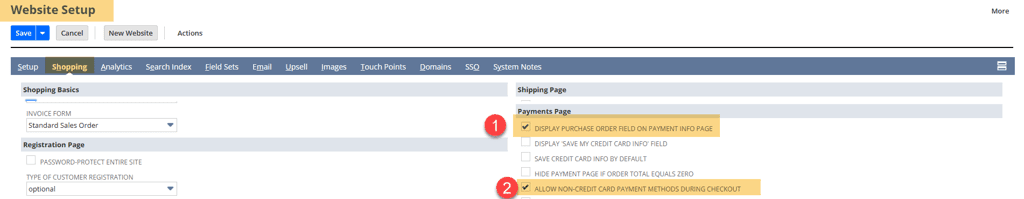 Website Setup page with two fields checked.