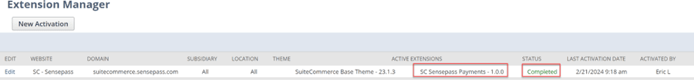 Extension Manager page with the Active Extensions and Status fields highlighted.