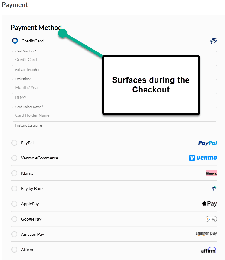 Payment page with a Payment Method shown, with Surfaces during the Checkout message provided.