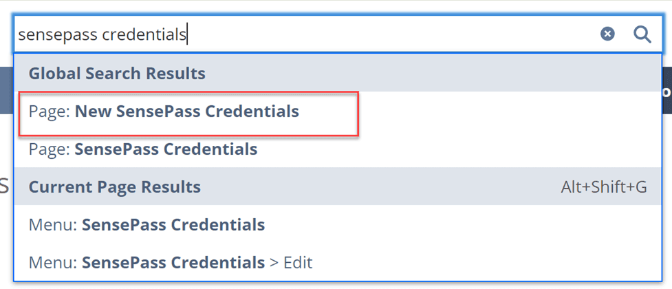 Search bar with New SensePass Credentials highlighted.