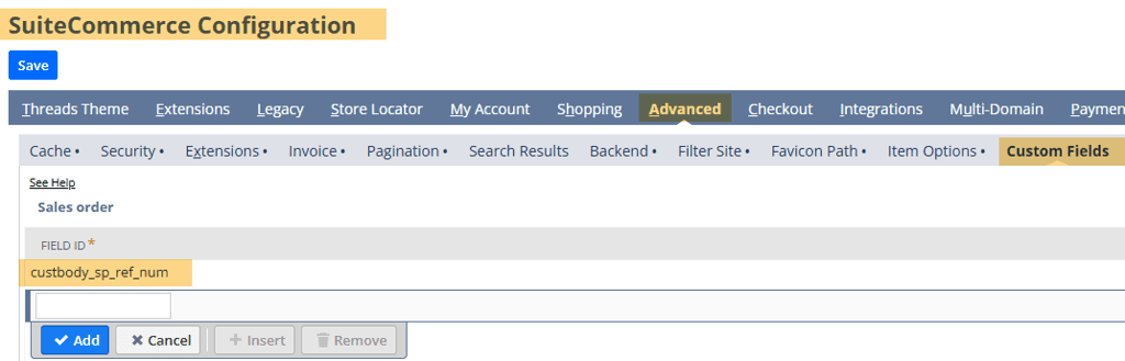 SuiteCommerce Configuration page and the Custom Fields tab indicated.