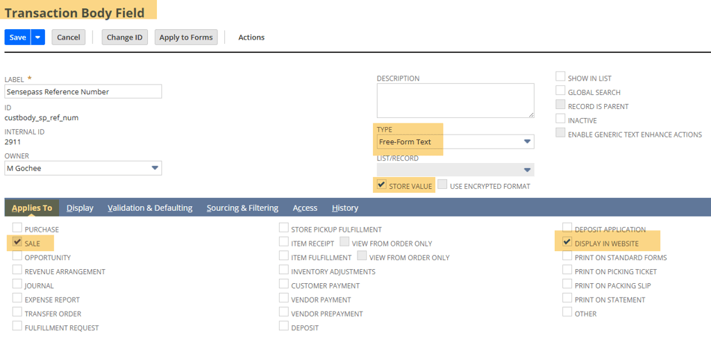 Transaction Body Field with the Type, Store Value, Sale, and Display in Website.