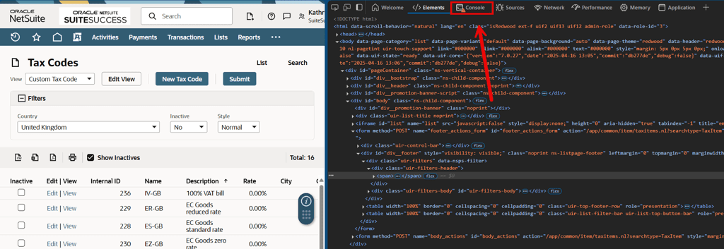 A split screen with NetSuite page and code on the other, an arrow indicating Console Log.