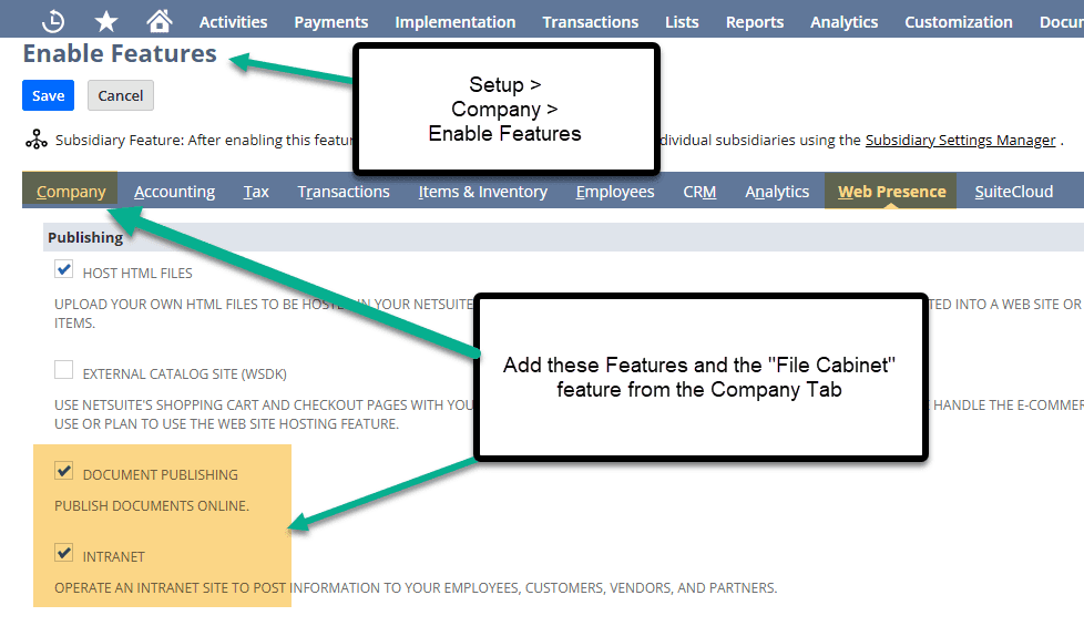 Enable Features page with navigation shown and two Document Publishing and Intranet checkboxes indicated.