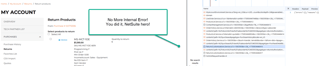 SuiteCommerce My Account page with no internal error shown.