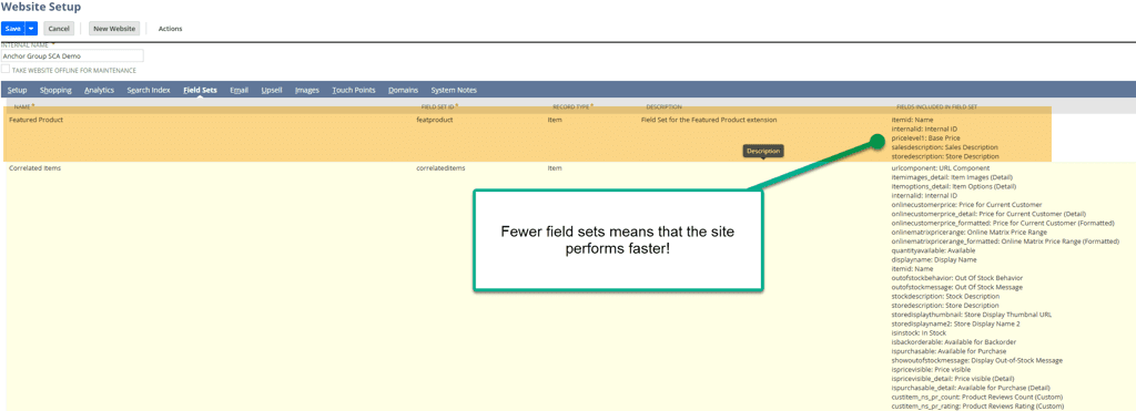 Website Setup page with the message that fewer field sets mean that the site performs faster.