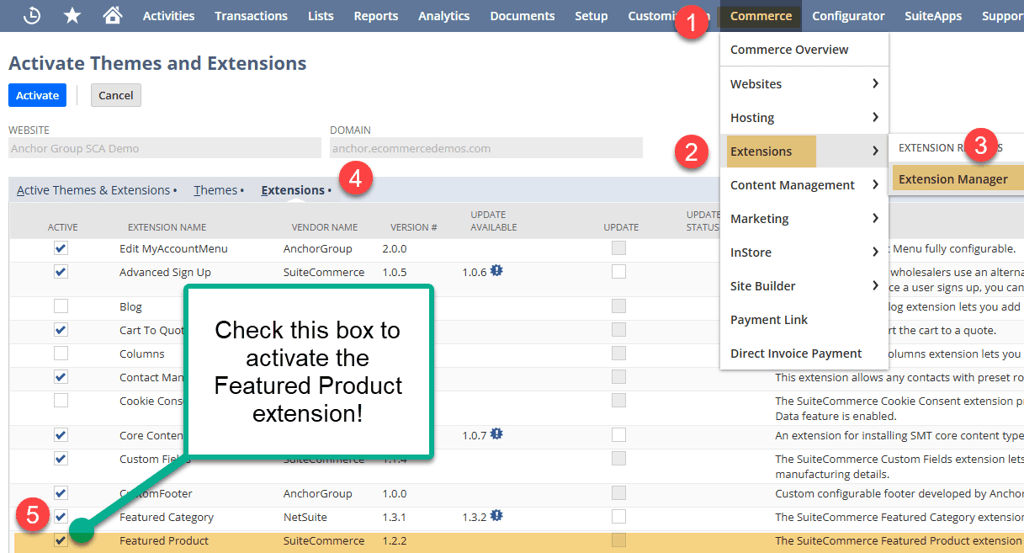 The Activate Themes and Extensions page with five points indicated.