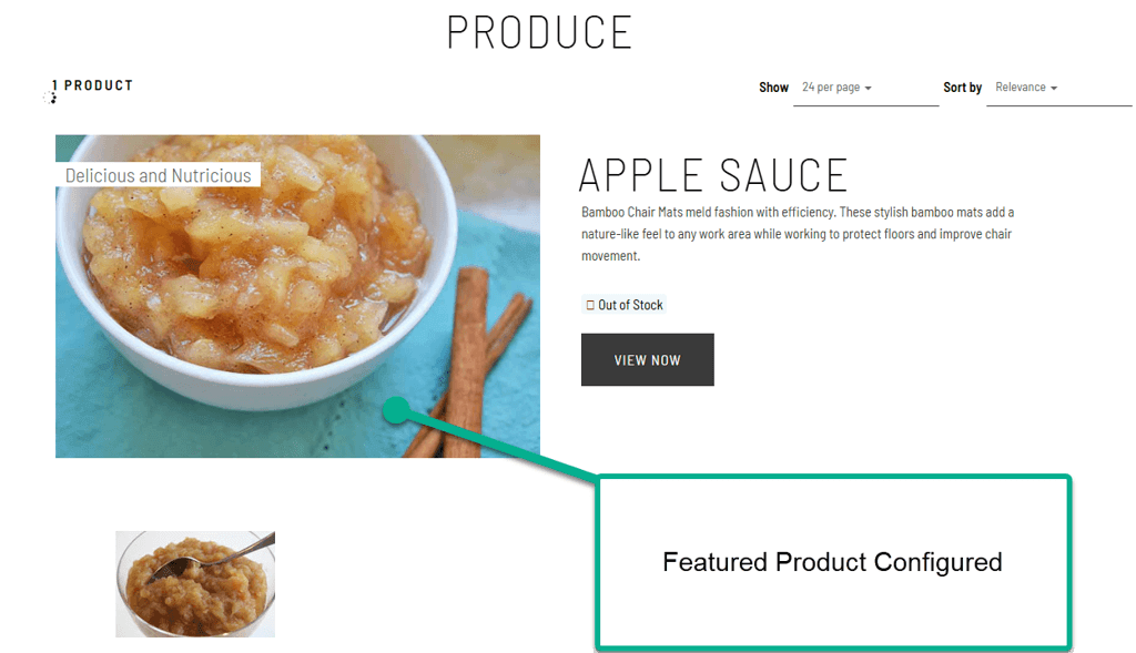 Produce website with a featured product configured.
