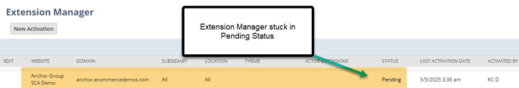 Extension Manager page with an extension with Pending Status.