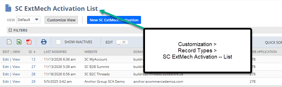 SC ExtMech Activation List page with navigation shown.