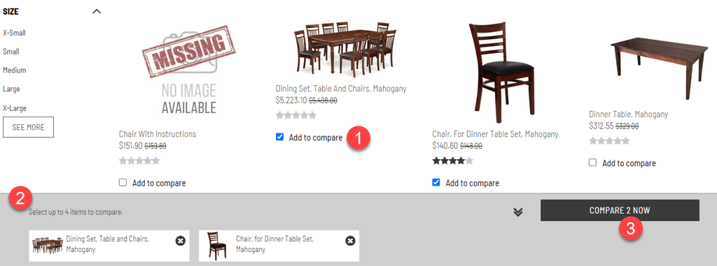 Product list view with three points highlighted.