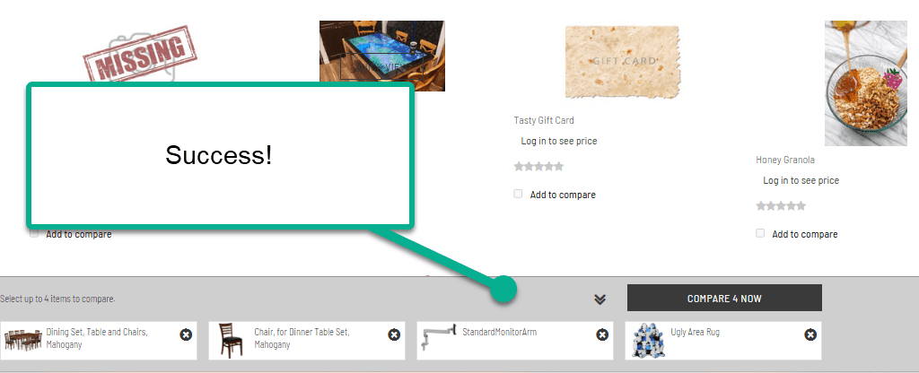 Product list view with Success message shown.