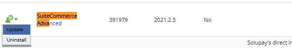 SuiteCommerce Advanced bundle highlighted with the Update button highlighted.