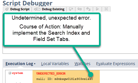Script Debugger page, showing the Field Set Tabs.