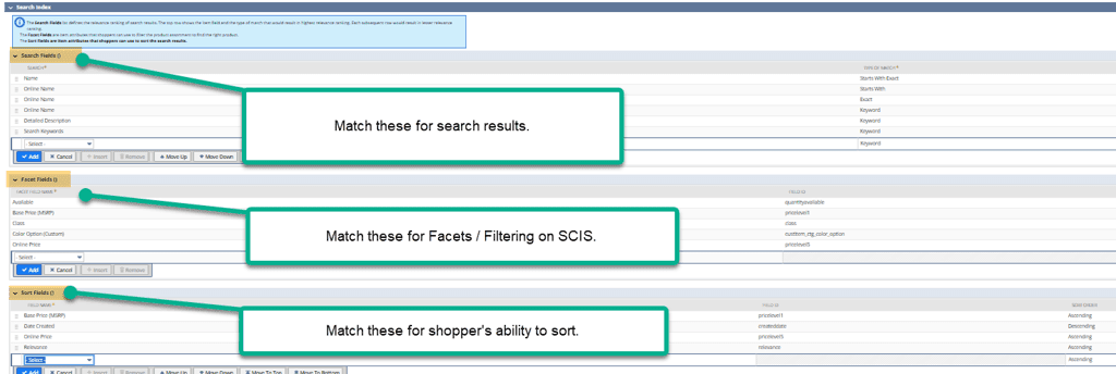 Search Index page with Search Fields, Facet Fields, and Sort Fields shown.
