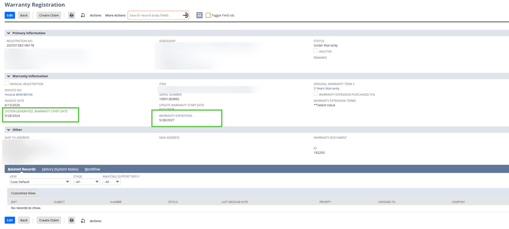 Warranty Registration page with Start Date and Expiration fields highlighted in green.