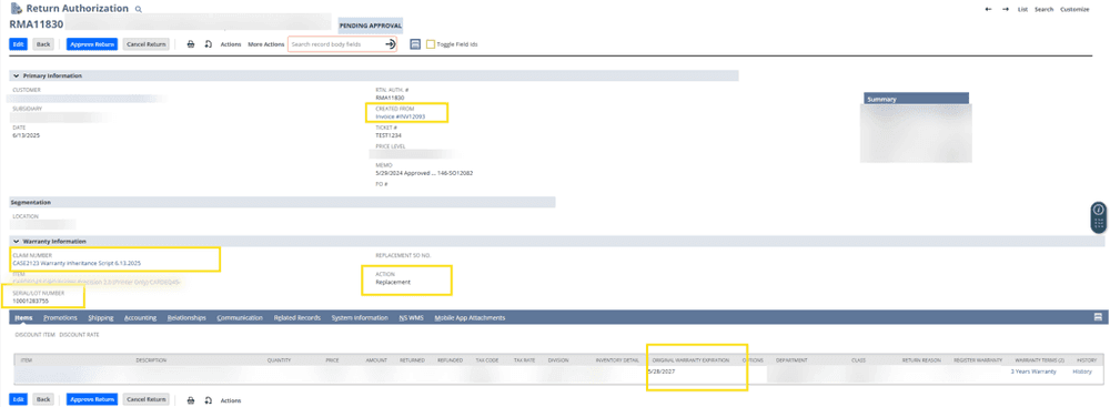 Return Authorization page with Created, Claim Number, Serial Number, and Action fields highlighted.