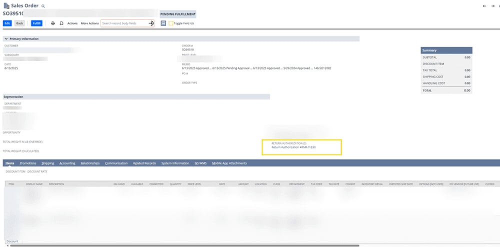 Sales Order page with the Return Authorization field highlighted.