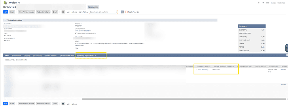 Invoice page with the Warranty Registration List tab highlighted, and several fields.