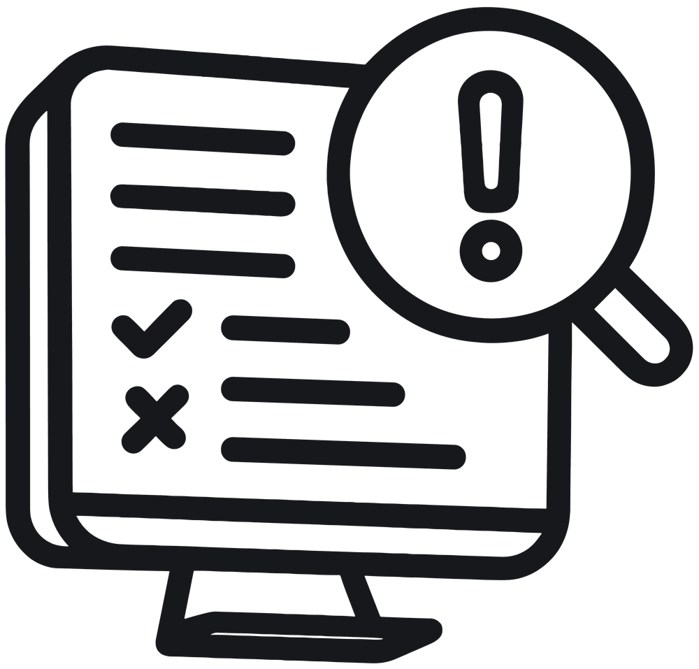 computer with magnifying and exclamation icon
