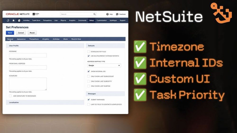 netsuite timezone internal id custom ui task priority