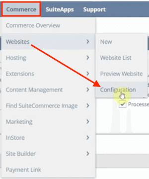 SuiteCommerce Website Configuration Navigation