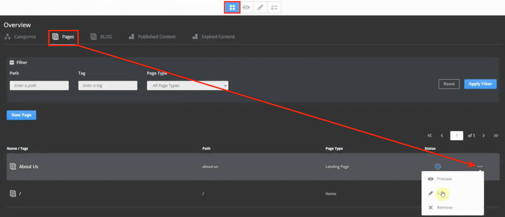 Site Management Tools Page Menu Edit