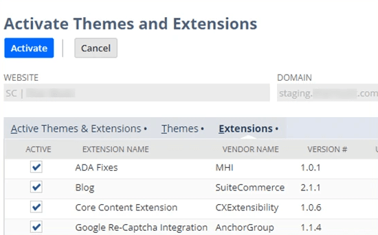 Visual guide for enabling themes and extensions within a digital platform's settings menu.