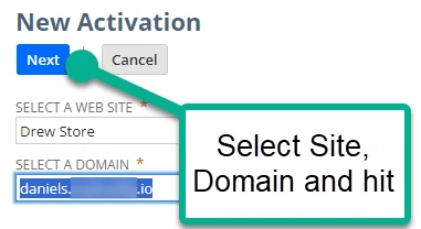 Screenshot of a user interface showing fields to select a site, domain, and hit for user action.