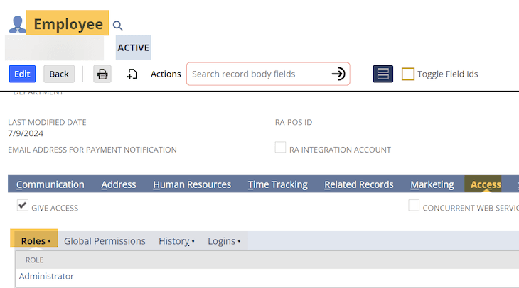 NetSuite Employee Role Access