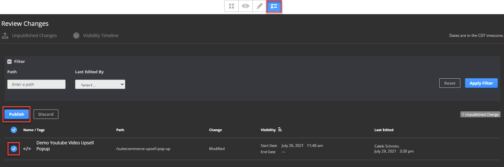 Settings page of the Google Drive app displaying the HTML CMS review changes, with the publish button emphasized.