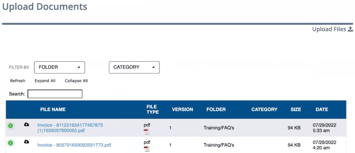 The website displays the upload documents page, featuring fields for document selection and submission instructions.