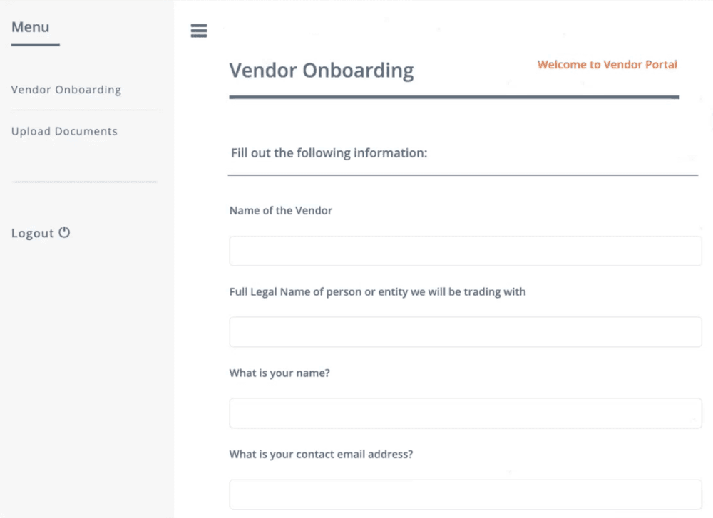 Digital vendor onboarding form with sections for entering business details and contact information for new vendors.