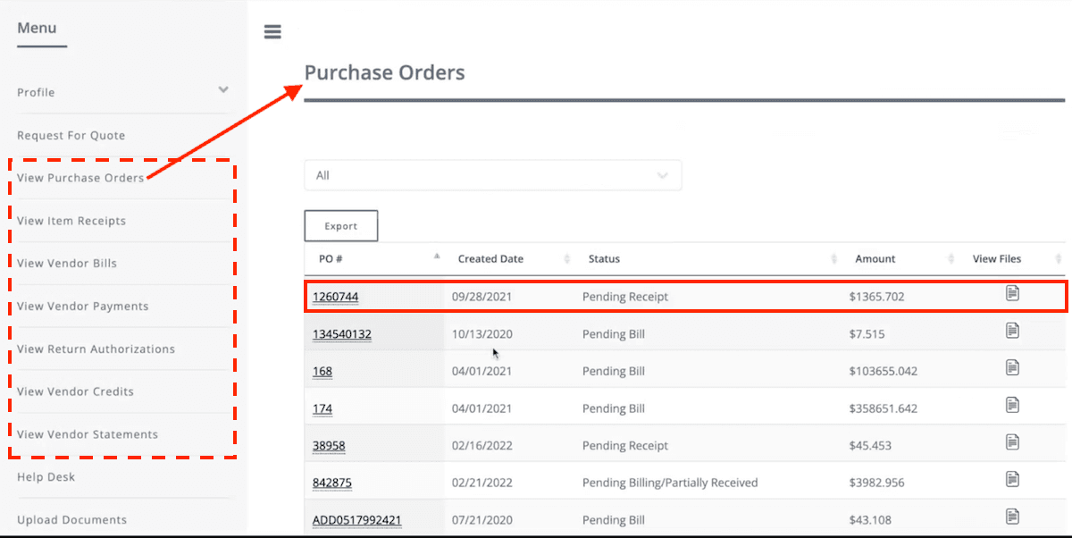 Menu screen featuring a list of purchase order options available at the restaurant.