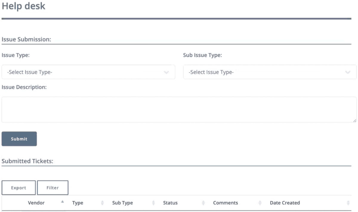 Help desk form displayed in the help desk application interface for user support requests and inquiries.