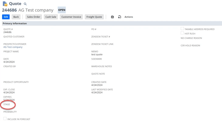 Account settings screen in the cloud, featuring a quote example with the Stage button highlighted in red.