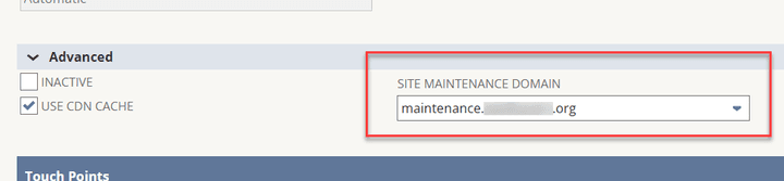 Screenshot of account settings page with USE CDN CACHE checked and site maintenance domain box highlighted in red.