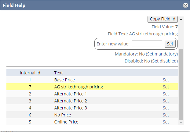 Field help screen displayed in the help section, providing guidance and support for users navigating the interface.