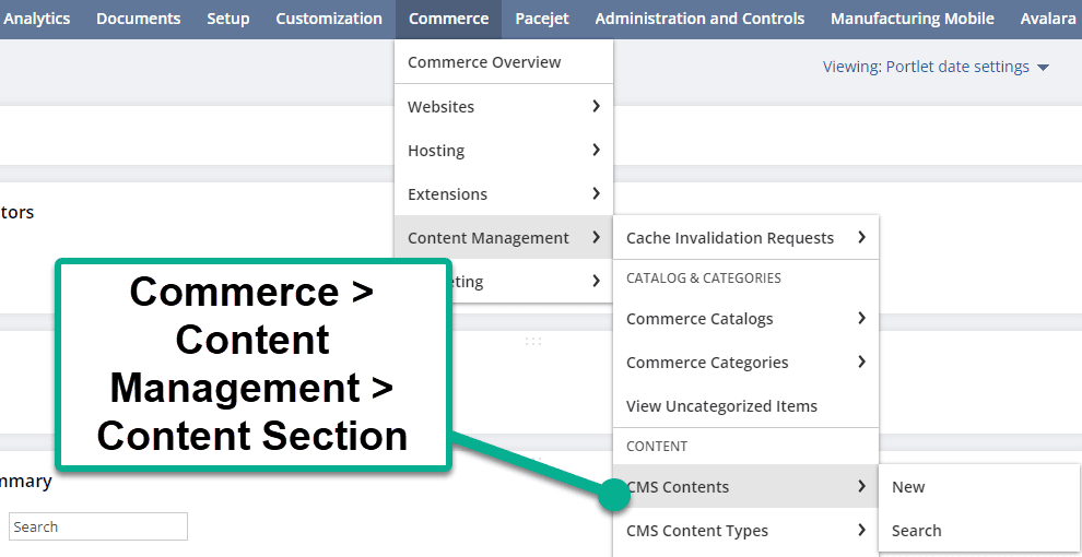 NetSuite Navigation Commerce Content Management Section