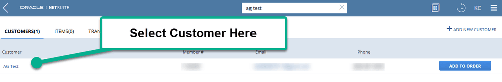 Oracle NetSuite page showing where to select the customer.