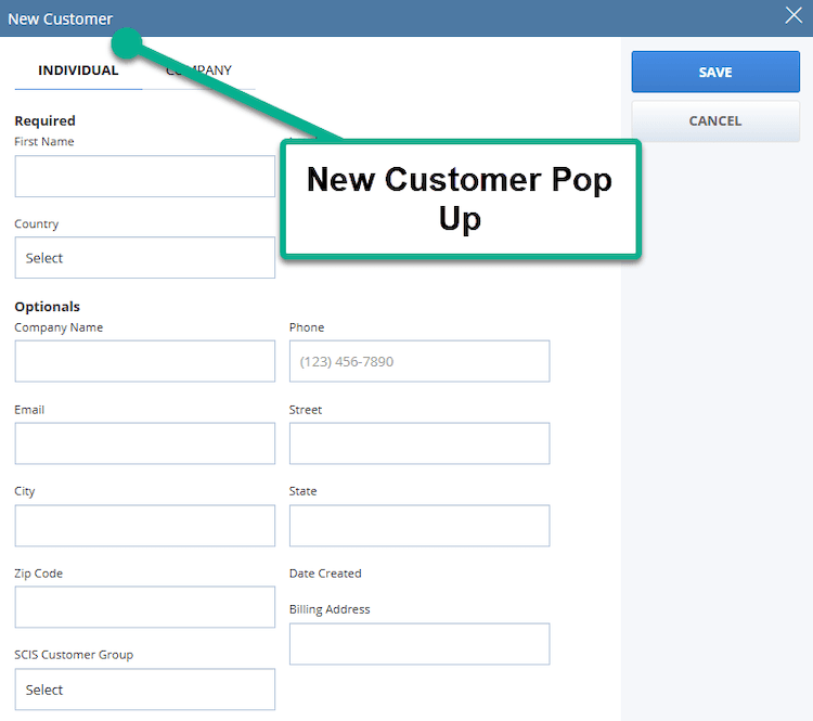 New Customer Pop Up page showing the form customers will fill out.