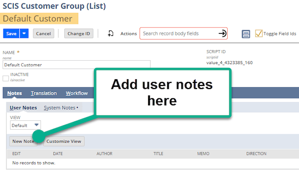 SCIS Customer Group (List) page showing where to add user notes.