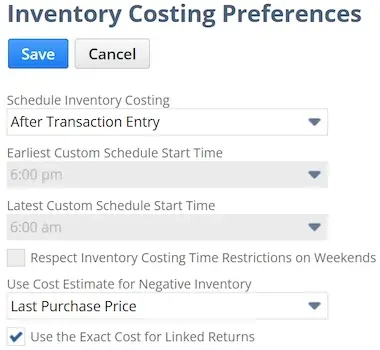Inventory Costing Preferences found under Setup > Accounting > Inventory Costing Preferences.