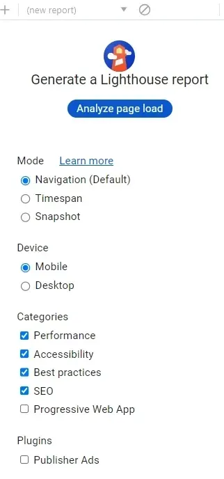 Google Lighthouse Tool report page.