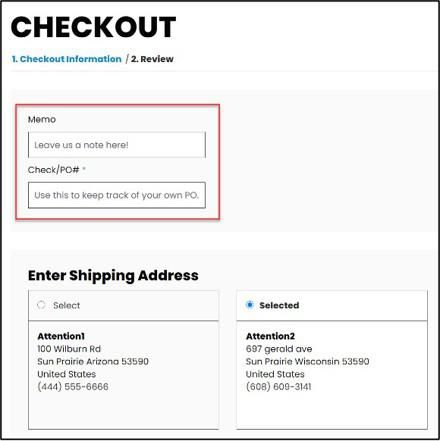 Checkout page on NetSuite with Memo and Check/PO# highlighted in red.