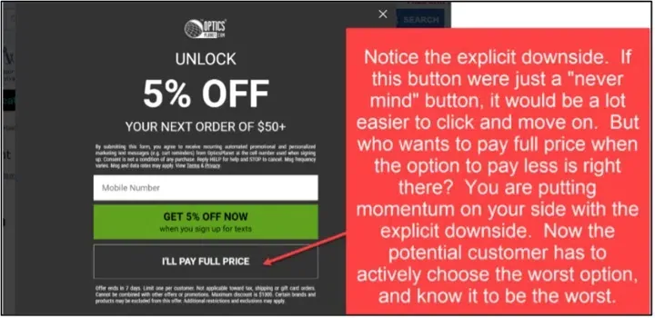 SuiteCommerce upsell popup with a notice in red that points out the downside of the button.