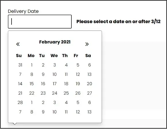 SuiteCommerce page showing the checkout select delivery date.